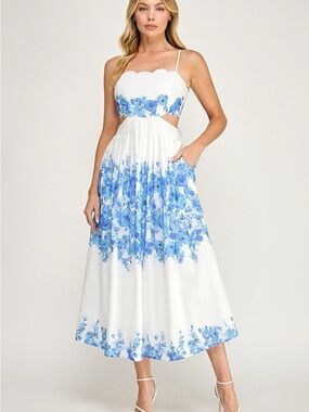 Vintage White Midi Dress with Blue Floral Border